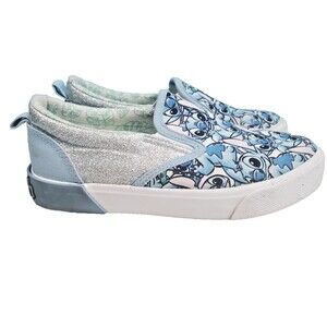 Disney Stitch Girls Slip On Sneakers Size 1 Blue Glitter Canvas Twin Gore Shoes